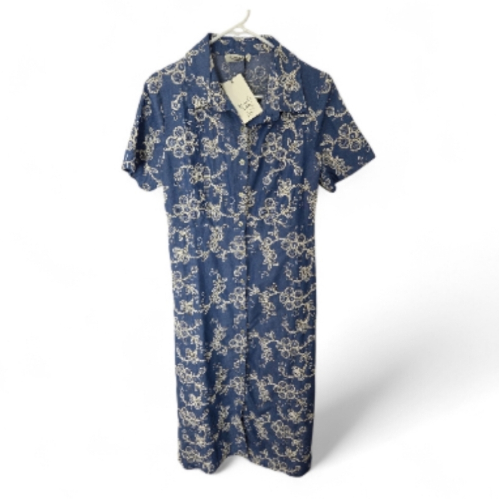 La Piccola Creativa Embroidered Floral Dress Blue Cream Size Large NWT